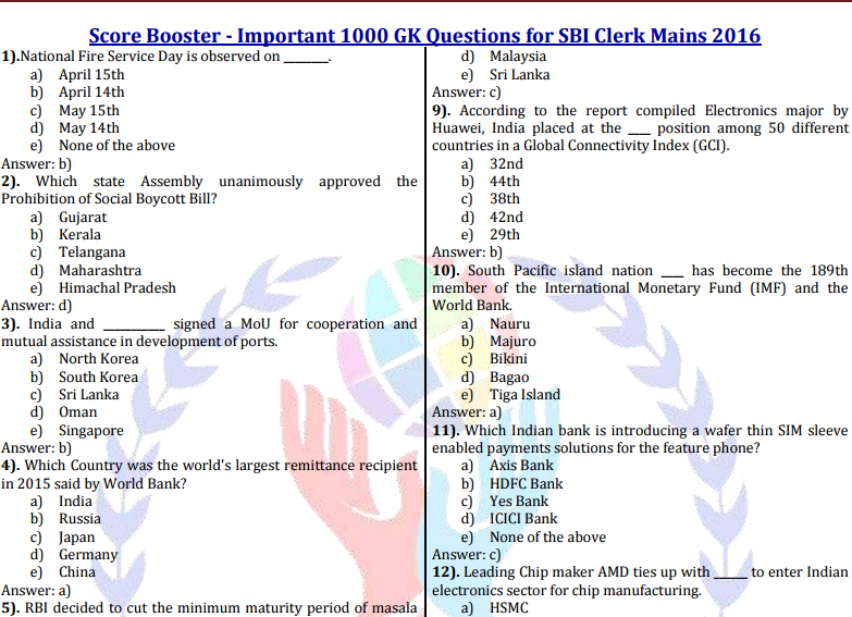 download-sbi-clerk-mains-examination-gk-questions