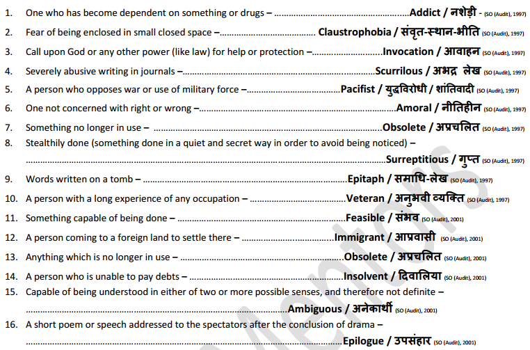 List of One word Substitutions Asked in SSC Exams Till date in PDF