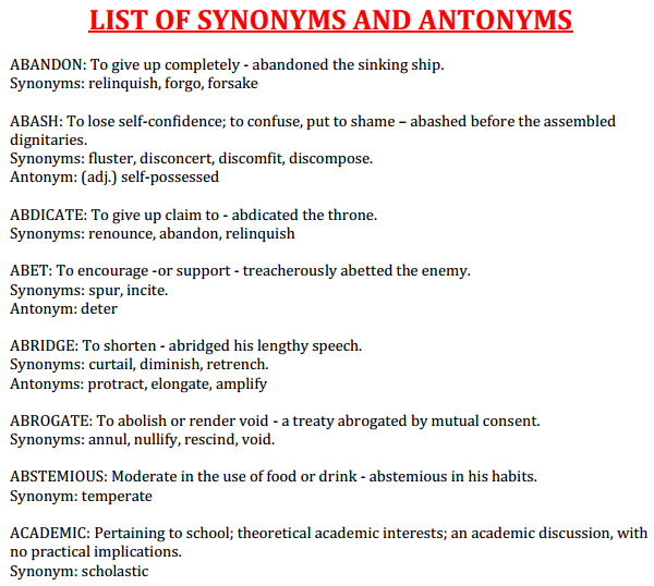 Synonyms and Antonyms List for English Language, Download Synonyms and  Antonyms PDF for SSC